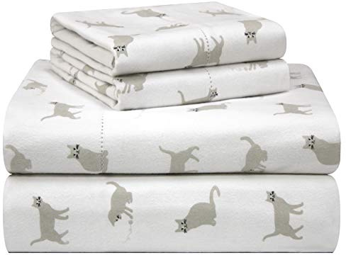 Pointehaven Ensemble de draps 4 pièces en Flanelle imprimée 100% Coton de Luxe au Toucher Velours 180 g/m², pour lit Queen-Size, Chats. Chaud et Confortable, pré-rétréci, Poches Profondes, élastique