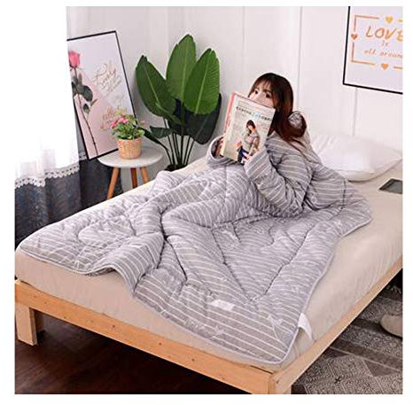 HOXMOMA Tragbare Decke für Erwachsene, tragbare Bettdecke aus Baumwolle mit Ärmeln, verdickter Warmer Schlafsack, winddichter Umhang für Haus und Büro 59 * 79in,Grau