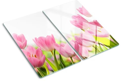 Glasschneidebrett 2x30x52 cm für die Küche Plastikfrei 2 Stück Glasplatte Hitzebeständig Rutschfest Silikonfüße Lebensmittelecht Dekorativ Antibakteriell Gehärtetes Glas - Rosa Tulpen