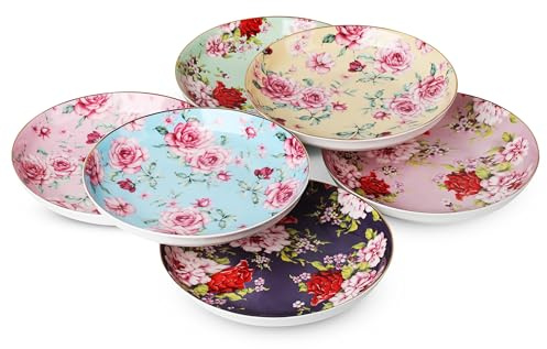 BTaT- Floral Dessert Plates Ceramic, Set of 6, 8 Inch, Assorted Colors with Golden Rim, Deep Porcelain Floral Plates Set of 6, Dishwasher Safe, Mothers Day Gift
