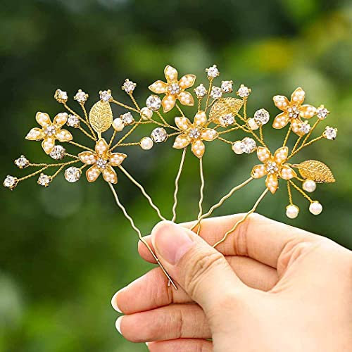 Fairvir Brautschmuck Hochzeit Haarnadeln Gold Blume Kristall Haarspange Strass Perle Braut Haarschmuck für Frauen und Mädchen (3 Stück) (Gold)
