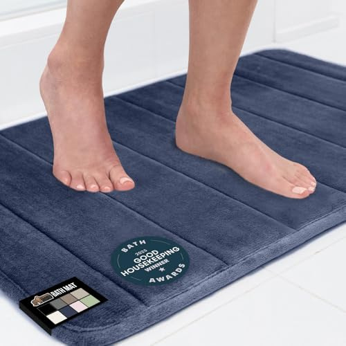 GORILLA GRIP Memory Foam Bath Mat, Soft Absorbent US Designed Bathroom Rug, Gripping Dots Machine Washable Bathmat, Cushioned Floor Mats, Shower Sink Rugs Room Décor Accessories, 24x17 Navy Blue