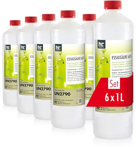 Höfer Chemie Acide Acétique 60% 6 x 1 L - Nettoyant Détartrant Puissant pour Ménage et Industrie, Fabrication Allemande de Qualité Supérieure, Biodégradable et Économique