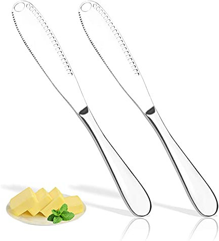 SONGTIY 2 Pack Stainless Steel Butter Spreader Knife, 3 in 1 Multi-Function Butter Curler & Spreader with Serrated Edge for Butter Cheese Jams Jell