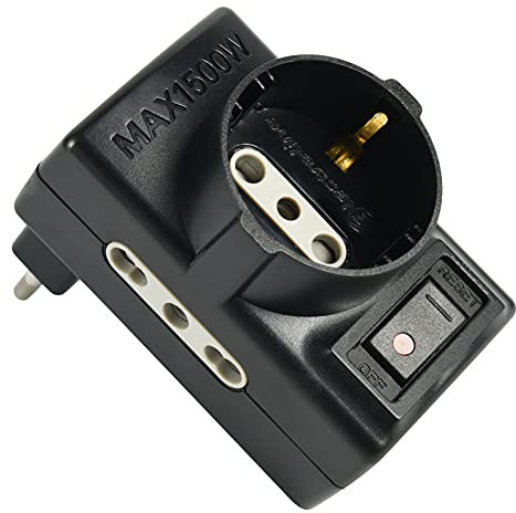 Electraline 70001 Adattatore 3 prese triplo (2 prese Bivalenti 10/16A e 1 polivalente Schuko + 10A), Spina Piccola italiana 10A con interruttore con riduttore ON/OFF, Nero, Confezione da 1