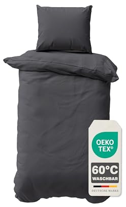 Müskaan Renforcé Bettwäsche 135x200 cm Baumwolle, Anthrazit – Bettbezug Set 2 teilig mit Kissenbezug 80x80, 100% Baumwolle Atmungsaktiv, Deckenbezug mit Reißverschluss, Bettwäsche Allergiker geeignet