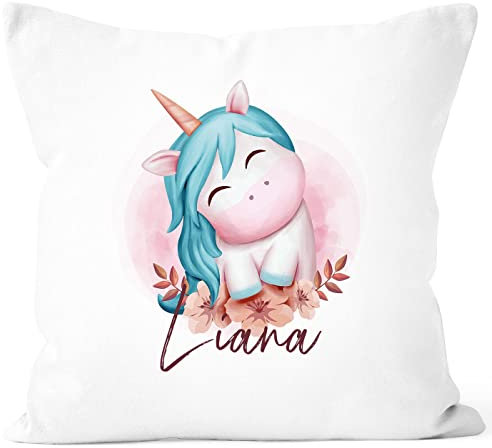 SpecialMe® Kissen-Bezug Kinder mit Namen Einhorn Motiv Wunschname Namenskissen Mädchen Baby weiß 40cm x 40cm