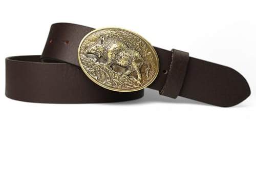 FRONHOFER Trachtengürtel Ledergürtel Büffelleder 4 cm, Wildsau Gürtelschnalle Messing 7,5 x 6 cm, Lederhosen Gürtel Wechselschnalle Druckknopf, Bundweite 90-125 cm, Jagd, Made in Germany