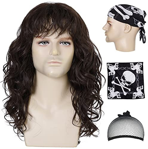 80er-Jahre-Rock-Perücke mit Bandana, 80er-Jahre-Vokuhila-Perücke für Herren, dunkelbraun, lockiges Haar, Glam-Metal-Punk-Rock-Perücke (dunkelbraun)