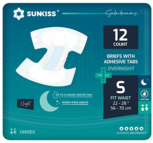 SUNKISS TrustPlus Inkontinenz Windeln für Erwachsene über Nacht, Saugfähige Einweg-Unterwäsche für Männer und Frauen mit Tabs, Unisex, Größe S, 12 Stück