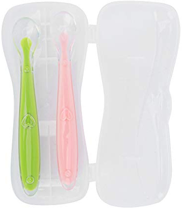 Babylöffel, 2 Stück, Baby-Silikon-weiche Löffel, Schnelle Wärmeableitung, Säuglingsfütterungslöffel für Babys über 4 Monate Alt, mit Box (grün+rosa)
