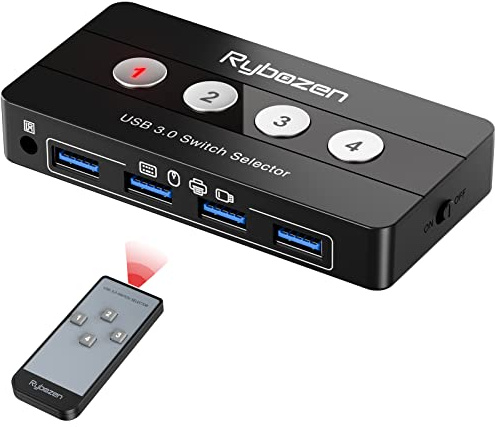 Jancane USB 3.0 Switch Selector, 4-Port KVM Switch USB Peripheral Switcher Box, 4 Computers Share 4 USB Devices, Button Switch & Remote Control