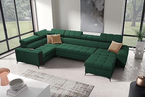 All4All Ecksofa mit Schlaffunktion Gonti IV Mini 337x201 cm - Schlafsofa mit Bettkasten - Sofa in U-Form - Wohnlandschaft XXL Sofa - Eckcouch Groß - Seite Rechts - Grün - Gewebe - Modern 26