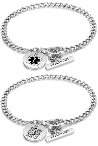 Theluckytag Verbessertes QR-Code-Armband für Damen, medizinisches Notfall-Armband, Sterlingsilber, 17,8 cm ~ 22,9 cm Kettenglieder, mehr Platz sparen und ändern, Notfall-Med-Info