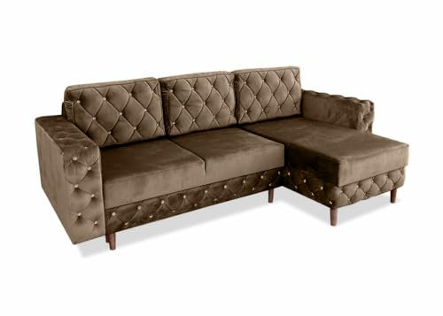 Ares Meble Gepolstertes Ecksofa Delux mit Schlaffunktion und Bettzeugcontainer - Relaxsofa 3 sitzer - Big Sofa mit schlaffunktion - Sofa Wohnzimmer - Schlafsofa140x200 Walnuss - Hellbraun