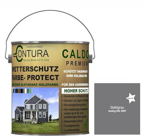 Contura Wetterschutzfarbe 2,5 Liter Holz Dauerschutzfarbe Deckend Buntlack Holzfarbe Holzlasur Seidenmatt (Stahlgrau Metallic - RAL 9007)