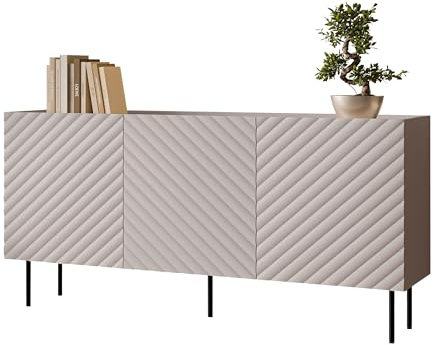 Mirjan24 Kommode Likade 165 3D mit 3 Türen, innen 6 Fächer, gefräster Front, Ohne Griffe, Metallfüße, Highboard, Anrichte, Sideboard, Mehrzweckschrank (Cashmere)