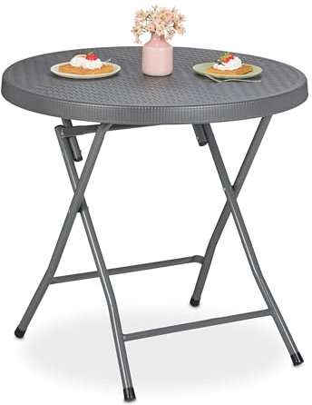 Relaxdays Mesa Jardín, Plegable, 74 x 80 cm, Efecto Ratán, Plástico y Acero, Resistente Intemperie, Mesita Redonda, Gris