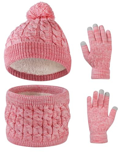 Waylipun Wintermütze Schal Handschuhe Set für Mädchen Jungen, 3 in 1 Warm Winte Strickmütze Kinder Mütze Set mit Plüsch Innenfutter für Kinder 3-10 Jahre