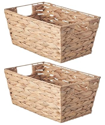 Eden & Willow Natural Water Hyacinth Woven Storage Basket with Handles | Wicker Shelf Baskets for Home Decor and Bathroom Organisation | Handmade Stackable Gift Hamper Basket (2, Medium)