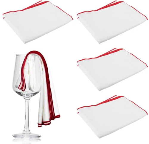 4 Stück Weinglas Poliertuch, 45 X 60CM Groß Mikrofaser Poliertuch für Glas, Wiederverwendbar Weinglas Poliertücher, Mikrofaser, Gläsertuch streifenfrei, Weiß Weingläser Tücher Mit Rotem Rand