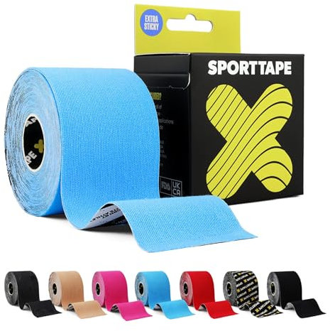 SPORTTAPE Extra Klebriges Kinesiologie-Tape, 5 cm x 5 m – Blau | Hypoallergenes, Wasserfestes Sports Tape | Physio Medizinisches Sport-Tape bei Muskelverletzungen, Unterstützung | Ungeschnitten