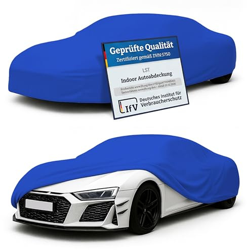 LST Autoabdeckung Indoor – lackschonende und Dehnbare Autogarage. Car Cover Innenbereich für Autohäuser und Endverbraucher. Auto Abdeckplane schützt vor Sonne, Staub. (Blau, M (410x130x120cm))