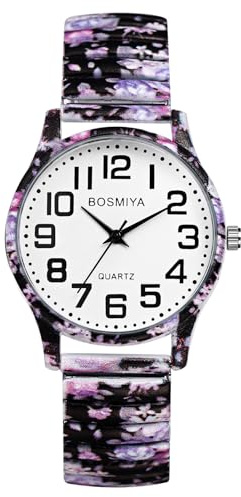 OIDEA Expansion Band Watch for Women: Easy Reader Quartz Elastic Wristwatch with Colorful Bohemia Printed Stainless Steel Stretch Strap