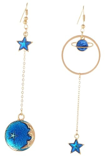 DEARMAMY Boucles D'oreilles Femme Fantaisie Étoile et Lune Asymétriques Pendantes en Alliage, pour Usage Quotidien et Occasions Spéciales