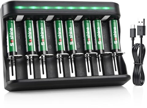 Soshine Rechargeable AAA Batteries with Charger,Triple a Rechargeable Batteries 1100mah 8pack with 8 Bay Fast Charger for AAA/AA/C/D Ni-MH Ni-CD Batteries
