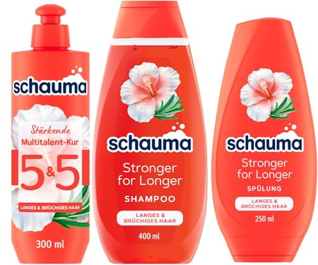SCHAUMA Stärkungs-Shampoo Stronger for Longer (400 ml) & Spülung (250 ml) & 5&5 Multitalent-Kur (300 ml) stärkt langes Haar, Rosmarin & Hibiskus, Hitzeschutz für intensive Pflege & weniger Haarbruch