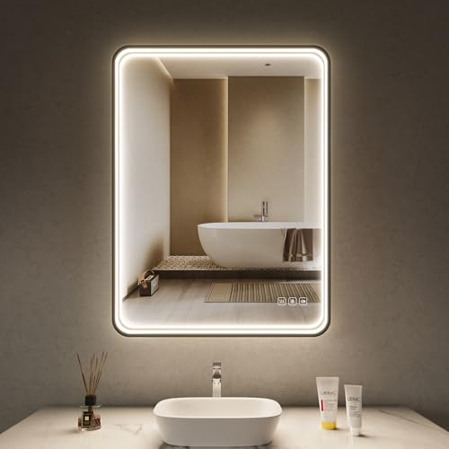 lichtvoll LED Badspiegel 60x80 cm mit frontbeleuchtung, 3 lichtfarben dimmbar, Touch-schalter, Anti-Beschlag & Memory.Funktion, schwarzer Aluminiumrahmen