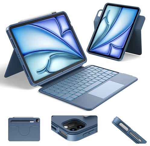 HOU Funda para iPad Air 11 con teclado (M4 2026, M3 2025, M2 2024), funda magnética giratoria desmontable de protección completa, retroiluminación de 7 colores, panel táctil, soporte elástico para