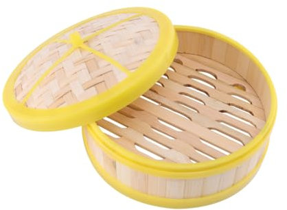 CIYODO 1 Set Bamboo Steamer Basket 20cm with Lid Single Tier Yellow Rim Bamboo Cooking Basket for Dim Sum Dumplings Buns Vegetables Rice