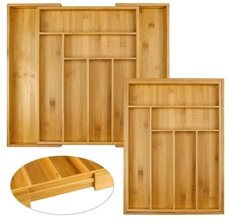 BRIEFNESS Extendable Bamboo Cutlery Tray Drawer Organiser - Adjustable 32-52cm for Kitchen Utensils, Silverware & Office Supplies (6+2 Compartments)