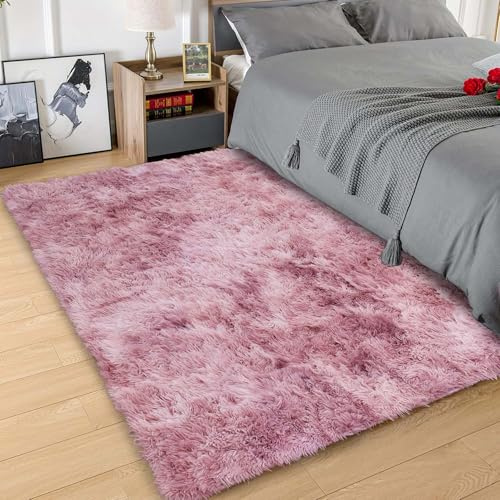 Hafaa Fluffy Shaggy Rugs Living Room Tie-Dye Pink Lilac 80x150 cm, Non-Slip Carpet Runner Rugs for Hallway, Soft Thick Pile Bedside Rug for Kids Bedroom, Nursery - Non-Shedding