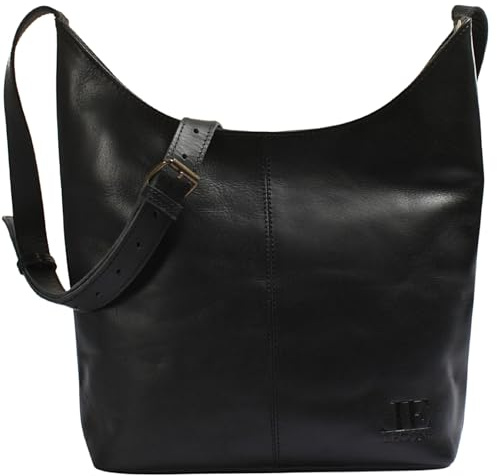LECONI mittlere Schultertasche Damentasche Umhängetasche natur weiche Ledertasche Handtasche Damen Leder 33x33x9cm schwarz LE0072-buf