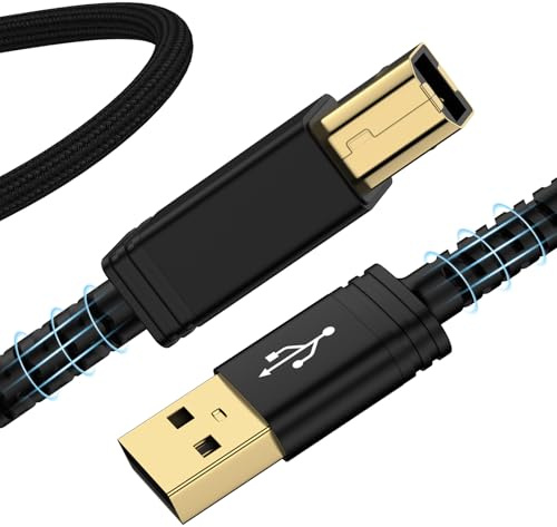 Uenlio 6ft USB Printer Cable, High-Speed USB 2.0 A to B Nylon Braided Cord, Durable Computer to Printer Wire for HP, Canon, Brother, Epson, Digital Piano, MIDI, DAC, Scanner - Black