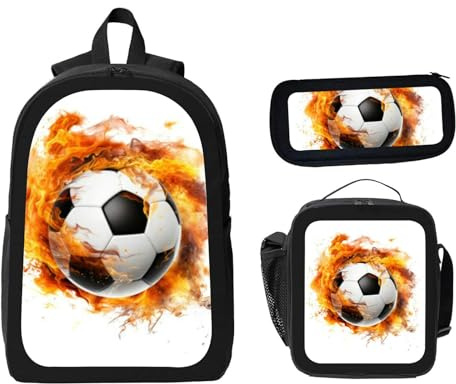 ZaCosy soccer ball fire white Backpack with Lunch Box Pencil Set 3 Women Men