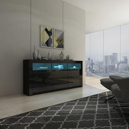 Sideboard, Black Gloss Sideboards for Living Room, Living Room Cabinets with LED Lights, 2 Door, 3 Drawers and 3 Open Shelves, Modern Display Unit for Kitchen Dining Room Hallway 160 * 35 * 72CM