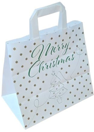 250 Papiertragetaschen Bäckertüten Papiertüten weiß mit Weihnachtsmotiv Merry Christmas 26+17x25cm 70g/m²