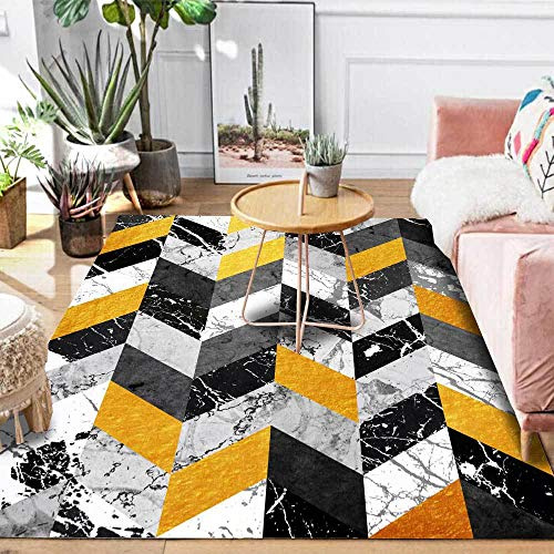 Chanxiang666 Moderner Designer Teppich Nordic Teppiche 80x250cm Geometrisches Patchwork mit Marmormuster in Gelb, Schwarz und Weiߠ Kurzflor, Borte, WeichMaschinenwaschbar