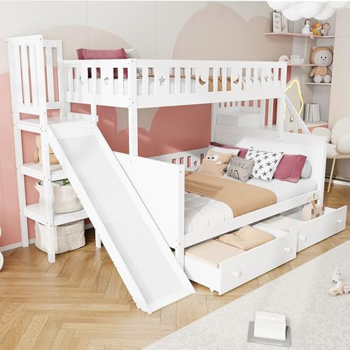 NNJN Cama infantil 90 x 200/140 x 200 cm, litera de madera maciza con tobogán y estante con niveles de seguridad, dos cajones grandes y somier, color blanco