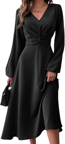 Bcenoilua Vestito Donna Elegante Manica Lunga Midi Bodycon Abito Sexy Scollo a V Ruched Casuale Abiti da Sera Moda Slim Vita Alta A Line Vestiti per Cocktail Cerimonia Festa Ufficio Inverno
