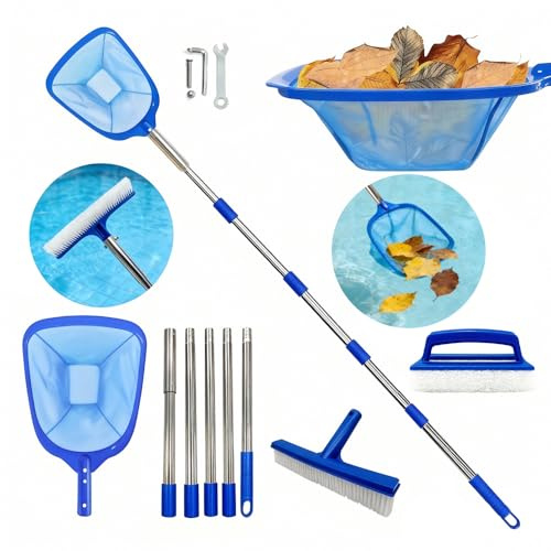 Kescher Teich mit Schraubanschluss,Teichkescher Verstellbar, 185cm, Pool Kescher 3-in-1-Satz,Algenkescher Teich Edelstahl Teleskopstange für Algen,Schwimmbad, Gartenteich Reinigung, Pool Zubehör