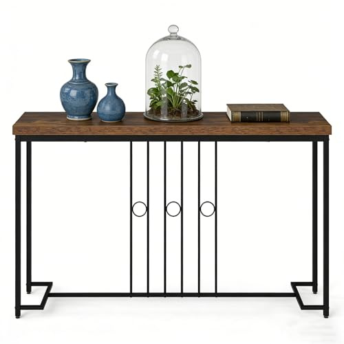 LIFEZEAL Consolle Ingresso, 140x30x81cm, Tavolo Consolle, Industriale, Lungo, Salvasapzio, in Legno e Metallo, con Decorazioni a Linee e Anelli, Console Dietro Divano, Entrata, Corridoio, Marrone