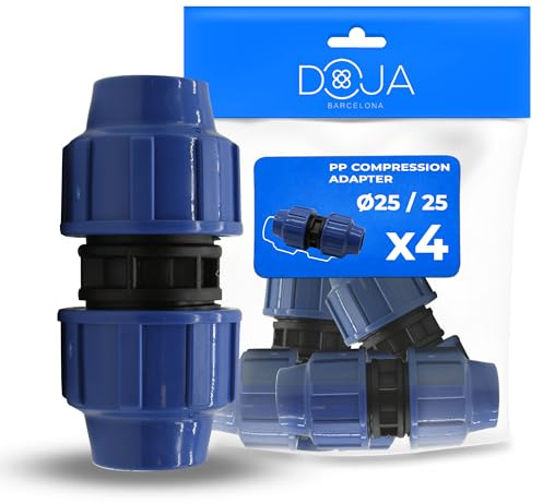 DOJA Barcelona Raccordo Compressione PP - 25mm x 25mm - Pack 4 - Connettore MDPE, Manicotto per Tubi PE a Scatto, Connessione Rapida, Resistente, Montaggio Semplice, Raccordi Tubi Irrigazione