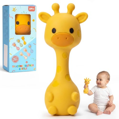Joyvity Baby Rassel Spielzeug, Babyspielzeug ab 3 Monate, Beißring Baby Silikon, Sensorisches Montessori Spielzeug in Giraffe, Motorikspielzeug Geschenke für Babys Jungen und Mädchen 0-24 Monate Gelb