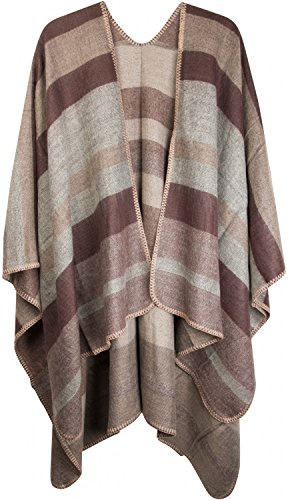 styleBREAKER Poncho med randigt mönster, överkast, cape, vändponcho, dam 08010009, färg:, Brun-beige-grå, En Storlek