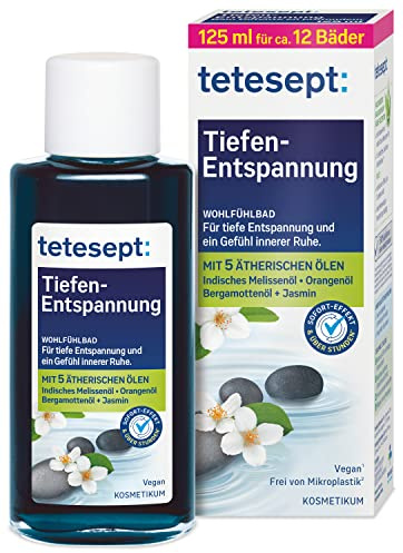 tetesept Tiefen-Entspannung Wohlfühlbad – mit 5 ätherischen Ölen für tiefe Entspannung und ein Gefühl innerer Ruhe – kosmetischer Badezusatz für spürbares Wohlbefinden – 1 x 125 ml